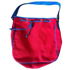 Vintage Colorblock Bucket Bag Red Blue Canvas Leather Boho Festival Statement